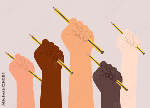 Diverse Group Of Human’s Hand Holding A Pencil In Fist.