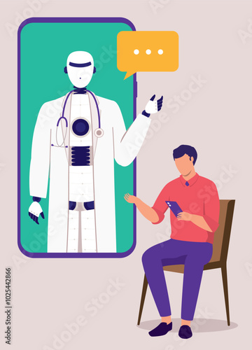 AI Health Doctor Robot Answering Medical Questions From A Man With Cellphone During An Online Therapy Session.