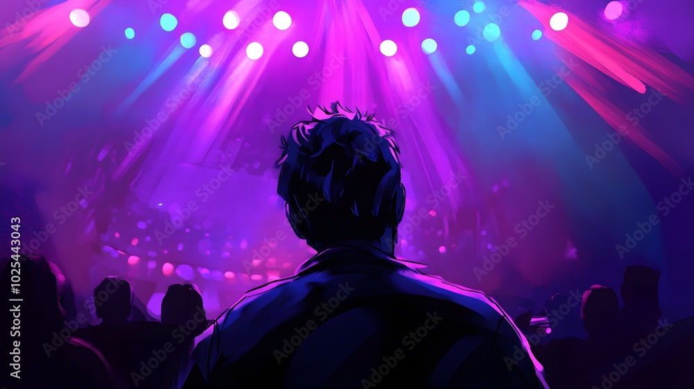 A Silhouetted Figure in a Purple and Blue Lit Venue A Silhouetted Figure in a Purple and Blue Lit Venue