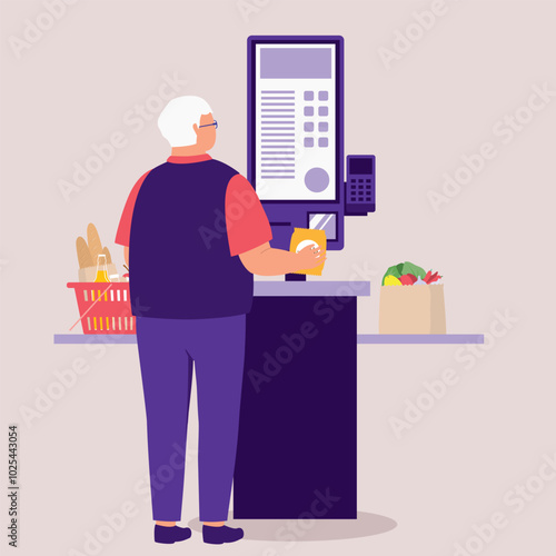 One Elderly Man Customer Scanning His Grocery Item With A Self-Checkout Machine At Supermarket.