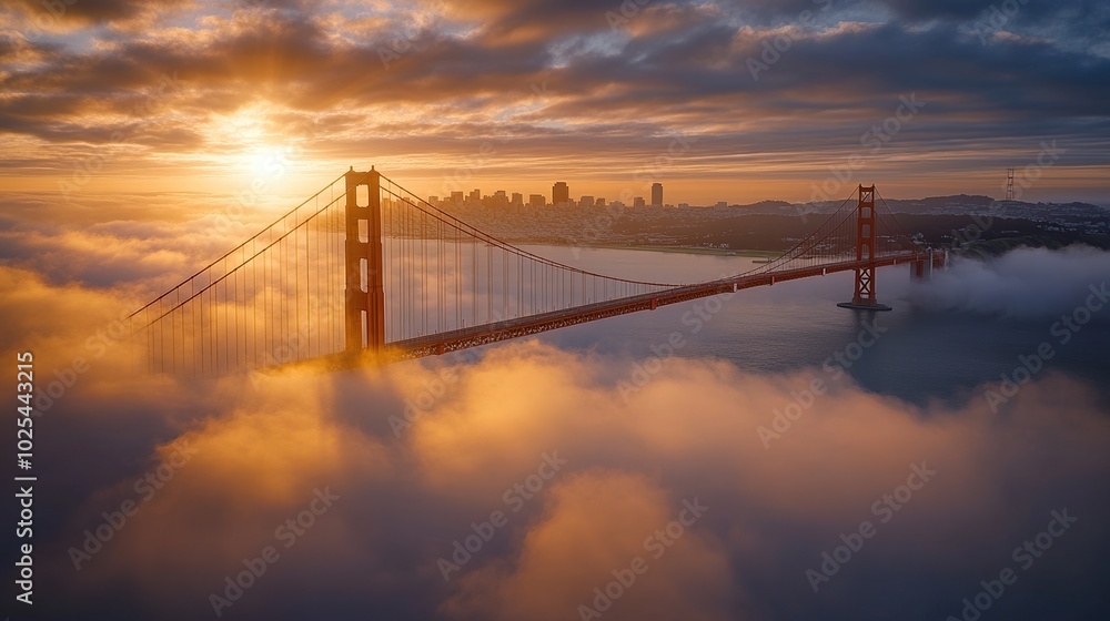 Golden Gate Bridge at sunrise amidst fog. Golden Gate Bridge at sunrise amidst fog.