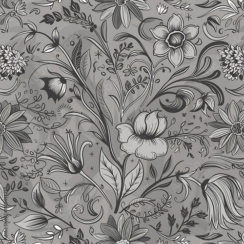 Wallpaper Mural Vector Seamless Monochrome Floral Pattern. Hand Drawn Floral Texture, Decorative Flowers, Coloring Book Torontodigital.ca