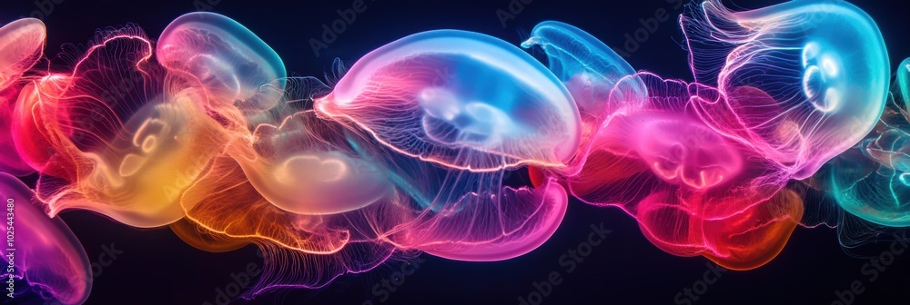 Beautiful glowing jellyfish in deep sea closeup view. Abstract background. Beautiful glowing jellyfish in deep sea closeup view. Abstract background.