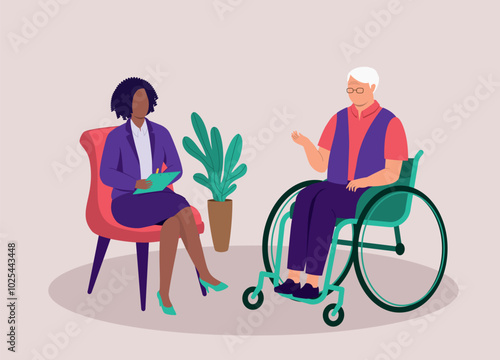 Disabled Elderly Man In Wheelchair Seeing A Female Psychologist During A Psychotherapy Session.