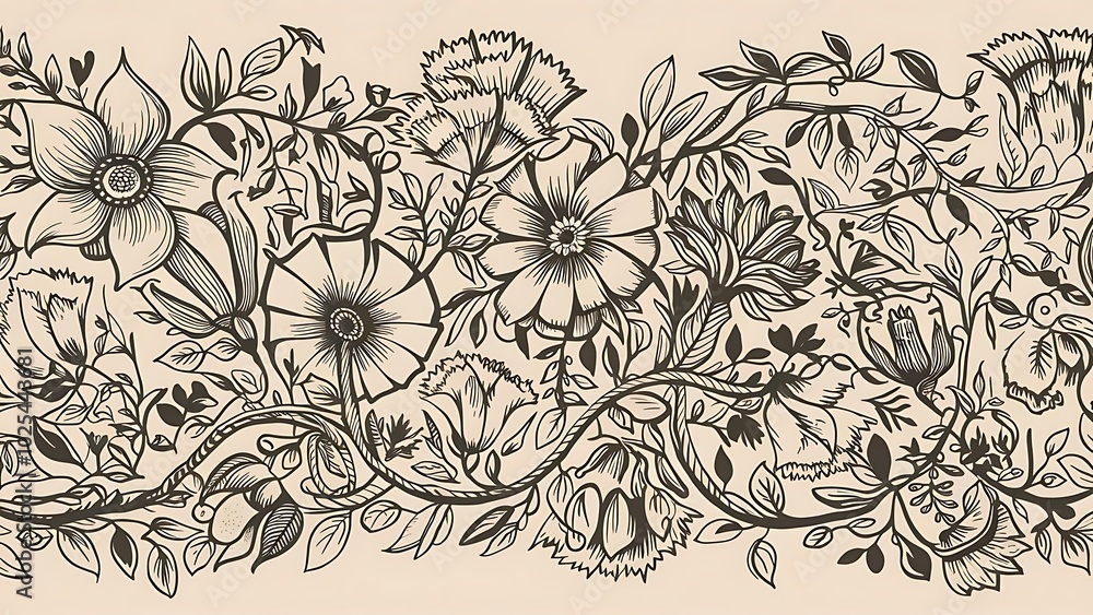 Fototapeta premium Vector Seamless Monochrome Floral Pattern. Hand Drawn Floral Texture, Decorative Flowers, Coloring Book