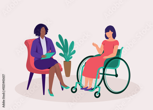 Disabled Young Woman In Wheelchair Seeing A Female Psychologist During A Psychotherapy Session.