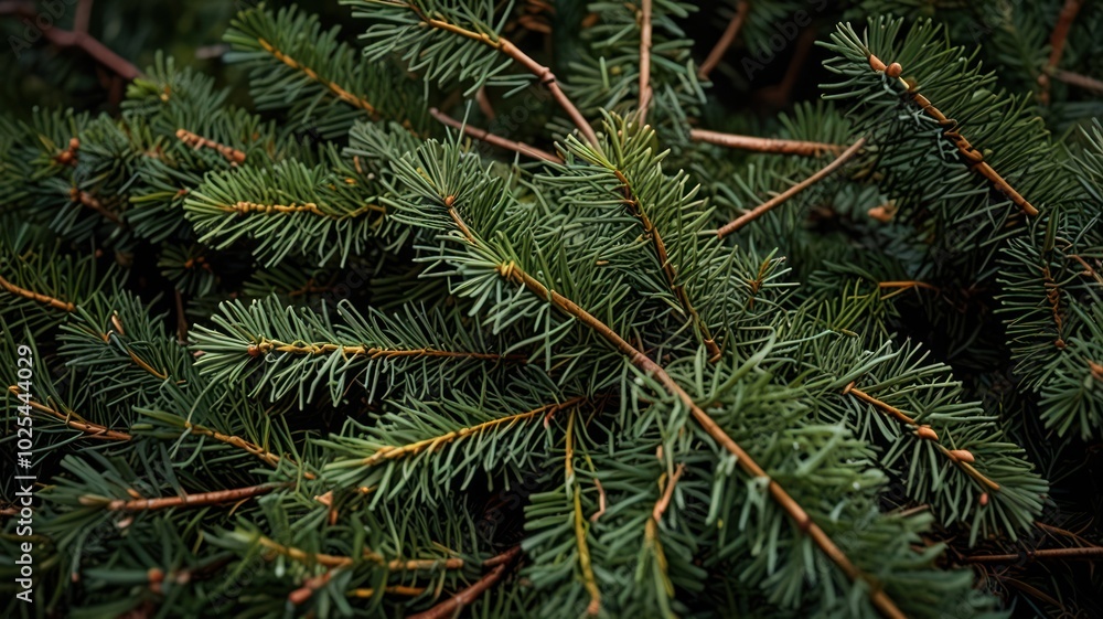 A close-up shot of green pine tree branches with needles. A close-up shot of green pine tree branches with needles.