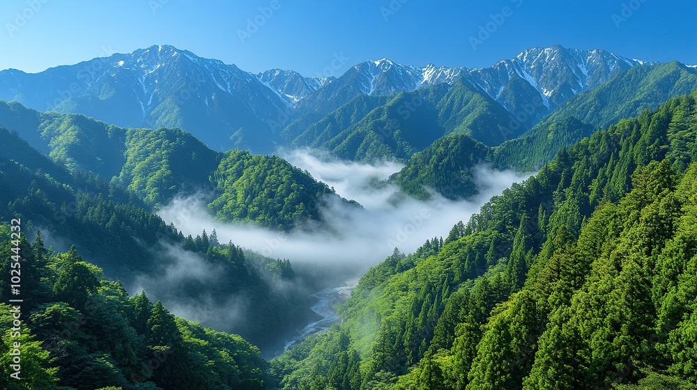 Lush green mountains with misty valleys and peaks. Lush green mountains with misty valleys and peaks.