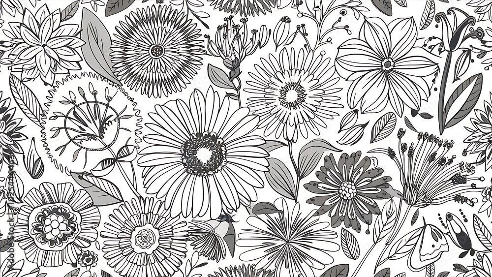 Vector Seamless Monochrome Floral Pattern. Hand Drawn Floral Texture, Decorative Flowers, Coloring Book Vector Seamless Monochrome Floral Pattern. Hand Drawn Floral Texture, Decorative Flowers, Coloring Book