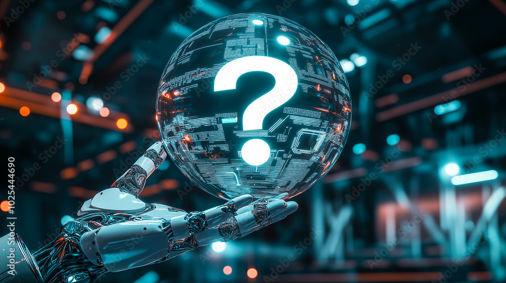 A robot hand holds a glowing question mark. The concept symbolizes curiosity, artificial intelligence, and the quest for answers in the digital age. Generative AI. A robot hand holds a glowing question mark. The concept symbolizes curiosity, artificial intelligence, and the quest for answers in the digital age. Generative AI.
