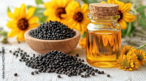 Mustard seeds and oil with sunflowers.