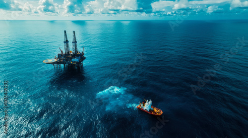 Offshore oil rig stands tall in ocean, surrounded by calm waters and vibrant sky. support vessel navigates nearby, showcasing scale and operation of offshore drilling