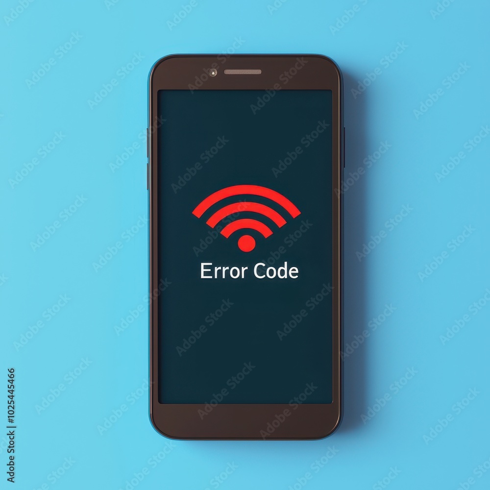 A smartphone displaying a red error code with a Wi-Fi symbol on a blue background, indicating a connectivity issue. A smartphone displaying a red error code with a Wi-Fi symbol on a blue background, indicating a connectivity issue.