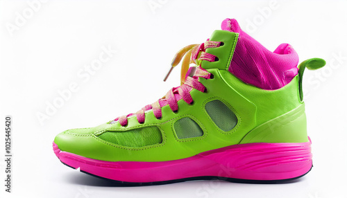 Vibrant neon green high-top sneakers, pink laces, futuristic athletic shoes