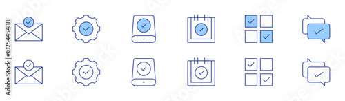 Checkmark icon set in two styles, Duotone and Thin Line style. Editable stroke. check mark, select, correct, email, easy installation, data storage