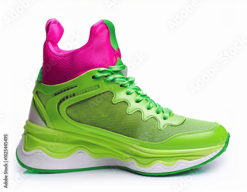 Vibrant neon green high-top sneakers,   photo