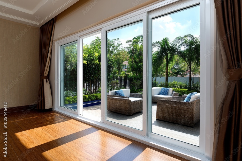 Sliding glass door window, opening to a backyard garden, with sunlight streaming in and outdoor furniture visible just beyond the glass Sliding glass door window, opening to a backyard garden, with sunlight streaming in and outdoor furniture visible just beyond the glass