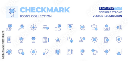 Checkmark icons collection. Line Duotone style, editable stroke. check, placeholder, star, checklist, validated, trophy, badge, stamp, time, customer satisfaction, smartphone, shield