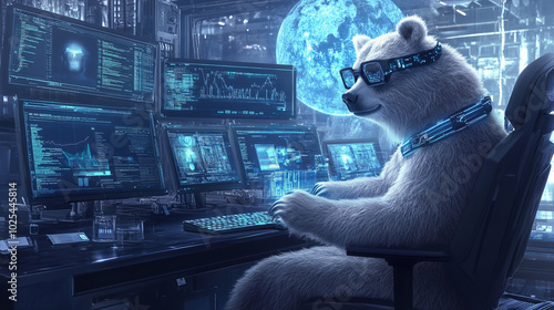 A polar bear works at a high-tech workstation surrounded by multiple screens displaying data and a glowing blue moon
