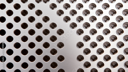 A close-up photo of a metal sheet with numerous circular holes arranged in a regular pattern.