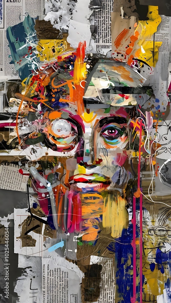 Fototapeta premium Messy and spontaneous digital collage. The work combines acrylic painting, hand-drawings and pieces of scanned newspapers and other found surfaces.