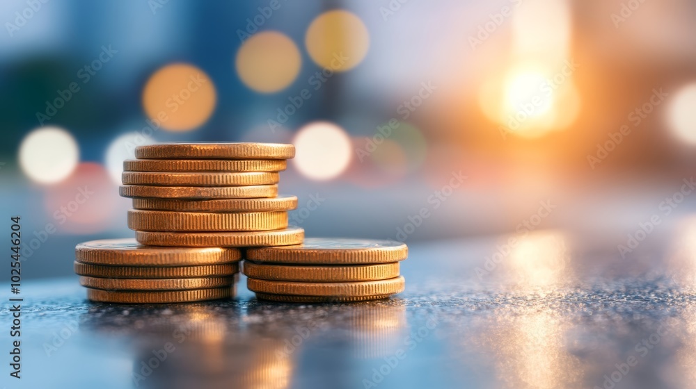 Stack of coins rests on wooden table, representing financial savings and accumulation of wealth Stack of coins rests on wooden table, representing financial savings and accumulation of wealth