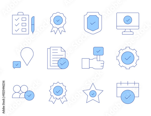 Checkmark icons. Line Duotone style, editable stroke. check, compatibility, agree, star, checklist, shield, check mark, badge, approve, validation