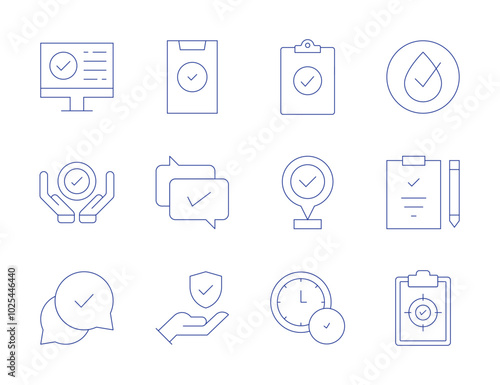 Checkmark icons. Thin Line style, editable stroke. success, data protection, checkmark, clipboard, target, correct, check, checklist, placeholder, approval, hypoallergenic