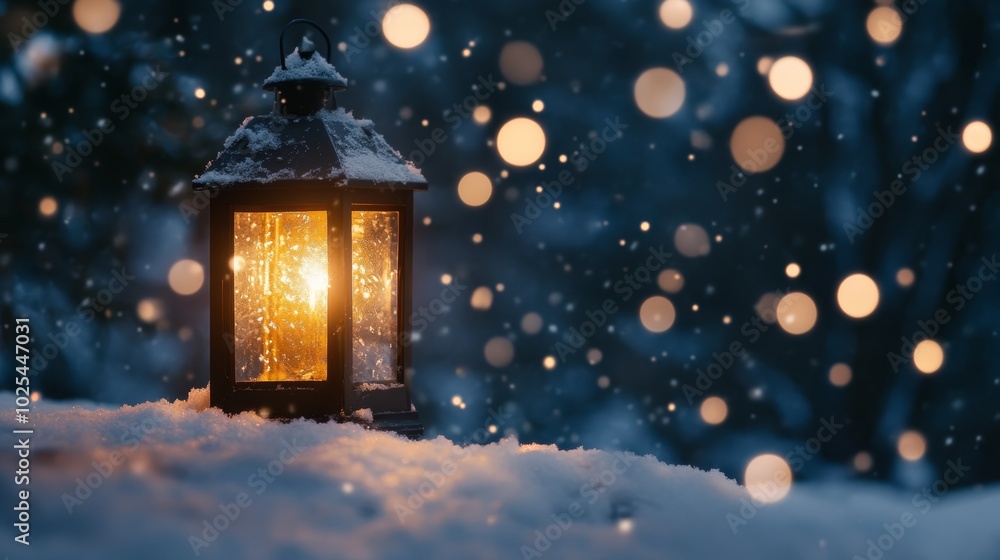 An antique lantern's warm glow illuminates a serene snowy landscape An antique lantern's warm glow illuminates a serene snowy landscape