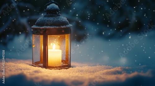 A flickering flame of hope, candle's warm glow illuminates the snowy landscape