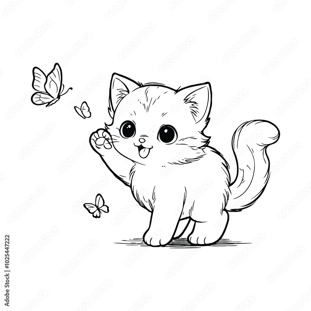 Obraz premium Charming Kitten Playing with a Butterfly Adorable and Fun Coloring Page for Kids