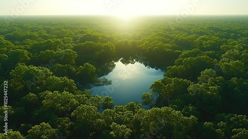 Serene forest landscape with a tranquil pond.