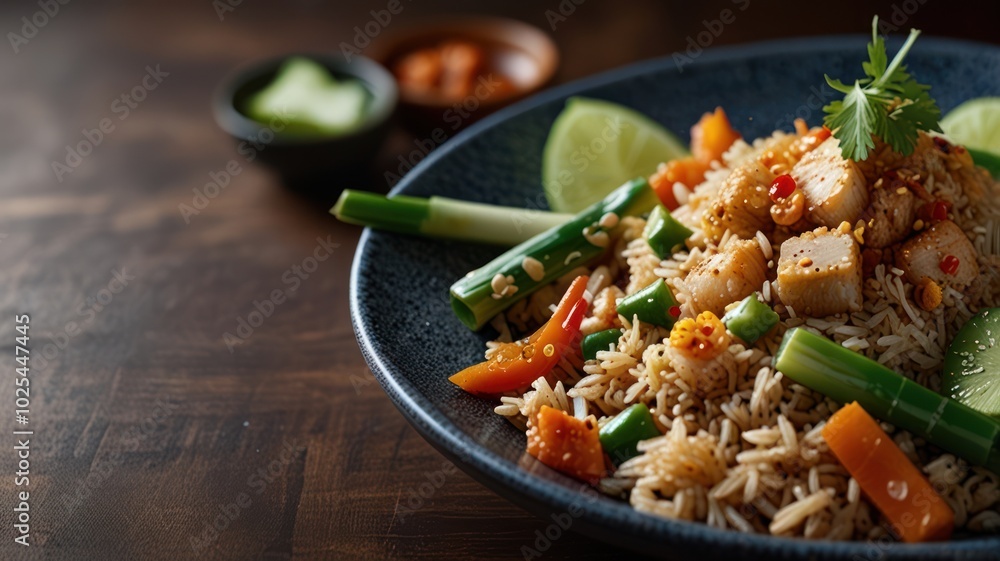 A plate of fried rice with vegetables, tofu, and a garnish of green onions and cilantro. There are lime wedges and a small bowl of chili sauce in the background. A plate of fried rice with vegetables, tofu, and a garnish of green onions and cilantro. There are lime wedges and a small bowl of chili sauce in the background.