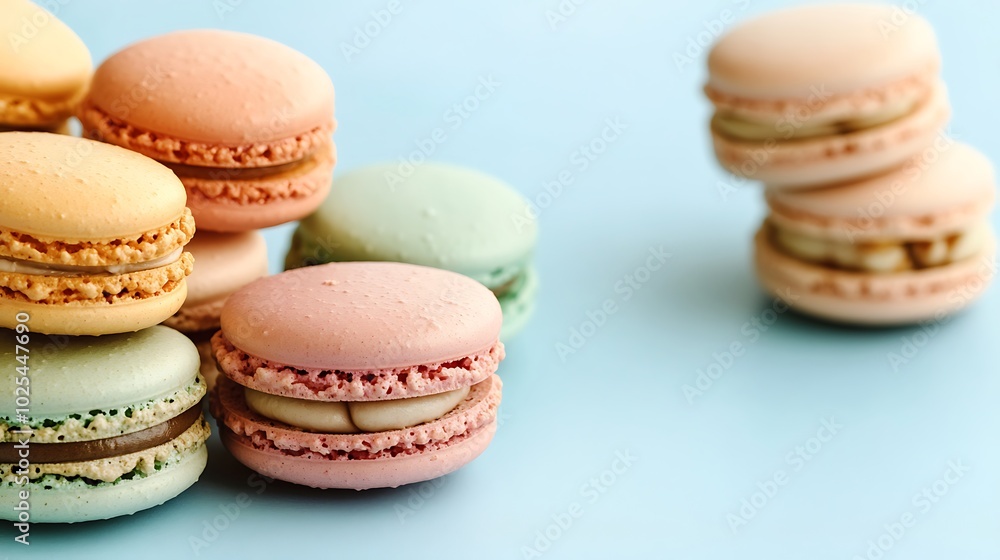 Colorful macarons stacked on a light blue background with copy space. Colorful macarons stacked on a light blue background with copy space.