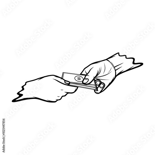 the right hand of two people transacting black and white vector line art