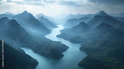 Serene mountain landscape with a winding river.