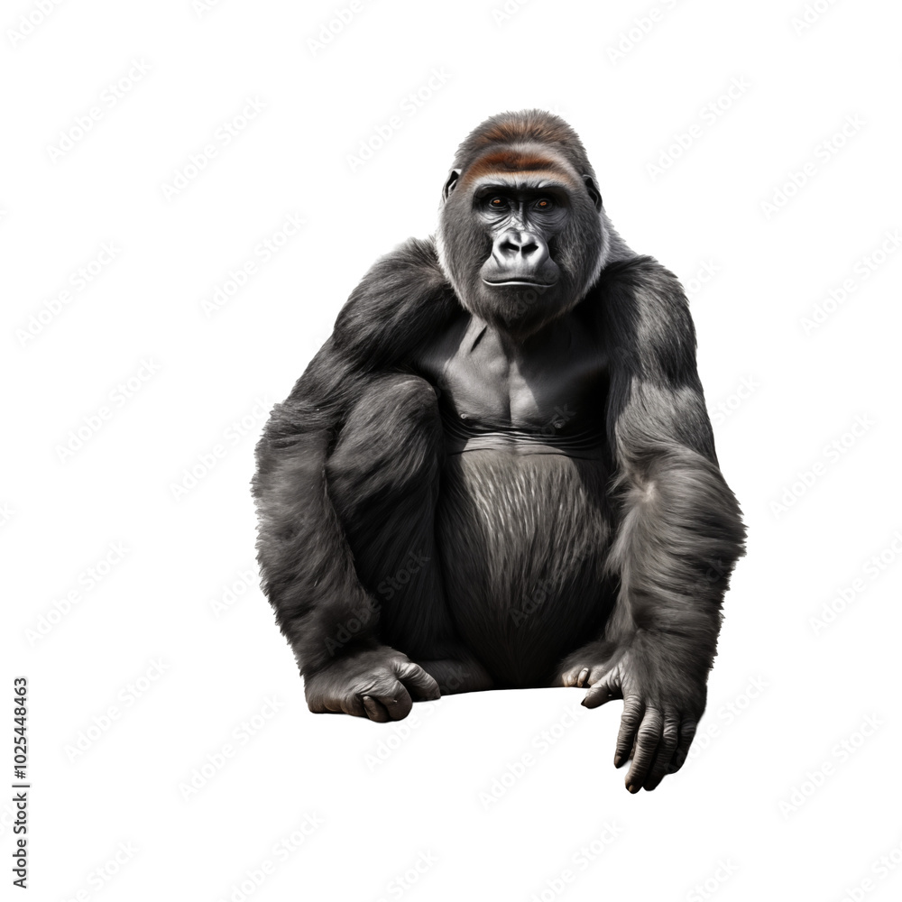 Obraz premium Large Gorilla Sitting On A Log Against A Transparent Background In A Strong Pose