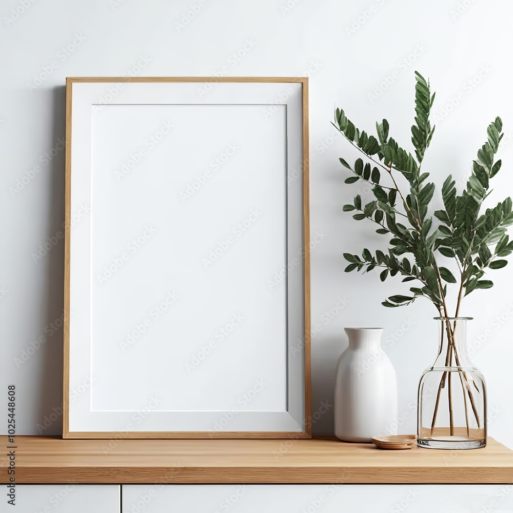 Blank frame on wooden tabletop with white wall. Made with Generative AI Technology Blank frame on wooden tabletop with white wall. Made with Generative AI Technology