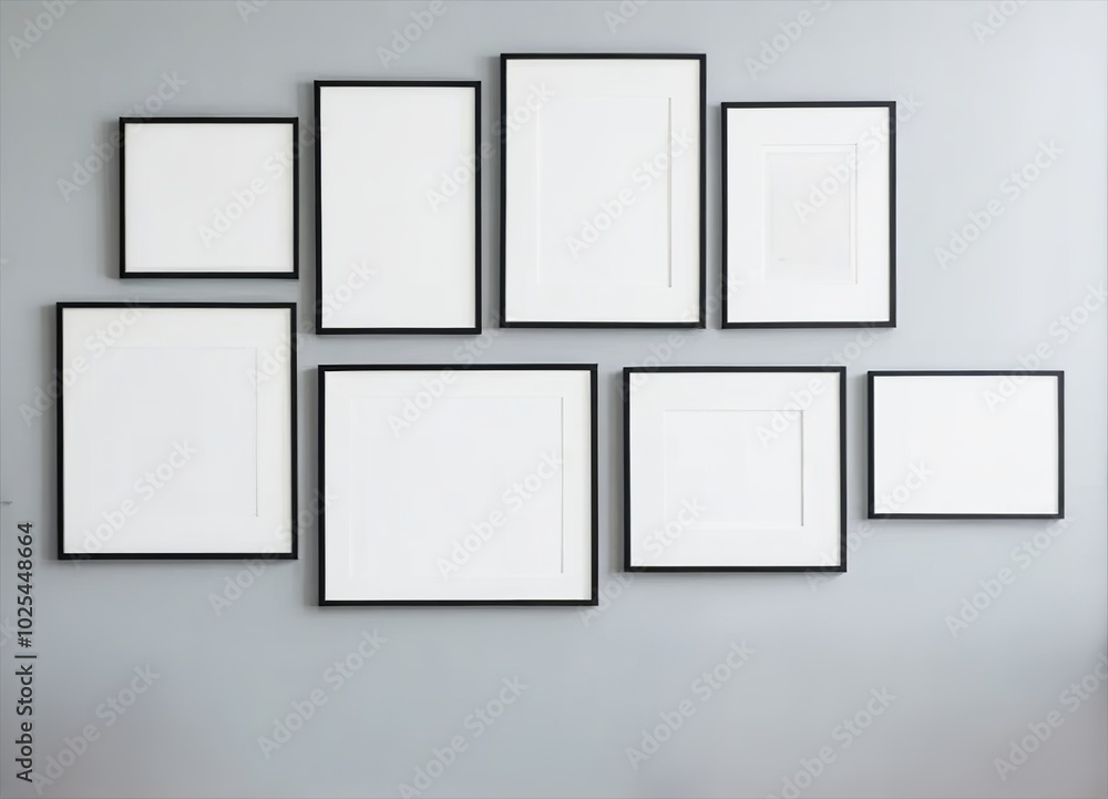 Blank Frames of Varying Sizes on Gray Wall. Made with Generative AI Technology Blank Frames of Varying Sizes on Gray Wall. Made with Generative AI Technology