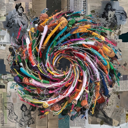 Messy and spontaneous digital collage. The work combines acrylic painting, hand-drawings and pieces of scanned newspapers and other found surfaces.