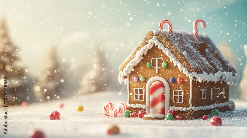 Enchanting gingerbread house, festive holiday centerpiece with candy and candy canes Enchanting gingerbread house, festive holiday centerpiece with candy and candy canes