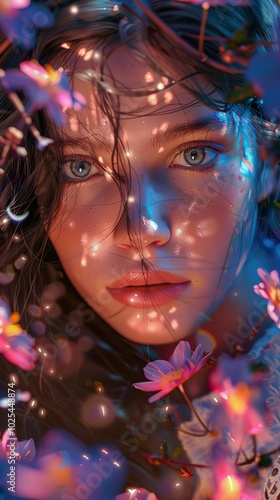 Dreamy Portrait of a Woman with Flowers and Glowing Lights