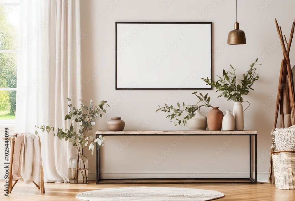 Cozy interior with an empty poster frame mockup. Made with Generative AI Technology Cozy interior with an empty poster frame mockup. Made with Generative AI Technology