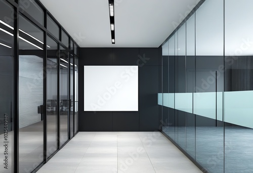 Contemporary Glass Hallway Featuring Blank White Banner on Black Wall. Made with Generative AI Technology