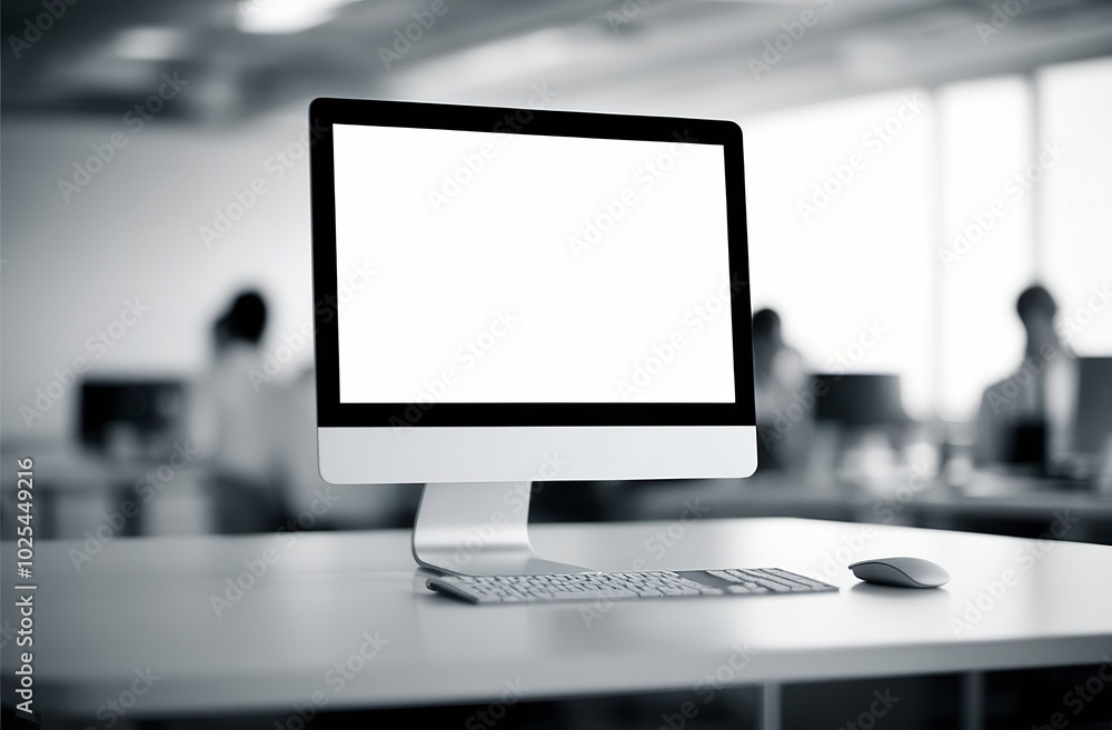 Desktop Computer with Blank White Screen on Work Table with Blurred Background. Made with Generative AI Technology Desktop Computer with Blank White Screen on Work Table with Blurred Background. Made with Generative AI Technology
