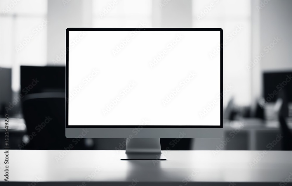 Desktop Computer with Blank White Screen on Work Table with Blurred Background. Made with Generative AI Technology Desktop Computer with Blank White Screen on Work Table with Blurred Background. Made with Generative AI Technology
