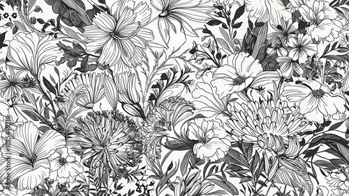 Wallpaper Mural Vector Seamless Monochrome Floral Pattern. Hand Drawn Floral Texture, Decorative Flowers, Coloring Book Torontodigital.ca
