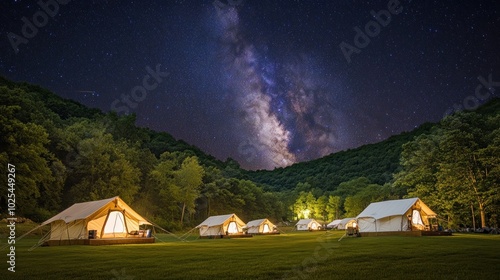 A row of illuminated glamping tents with a starry sky and the Milky Way in the background. photo