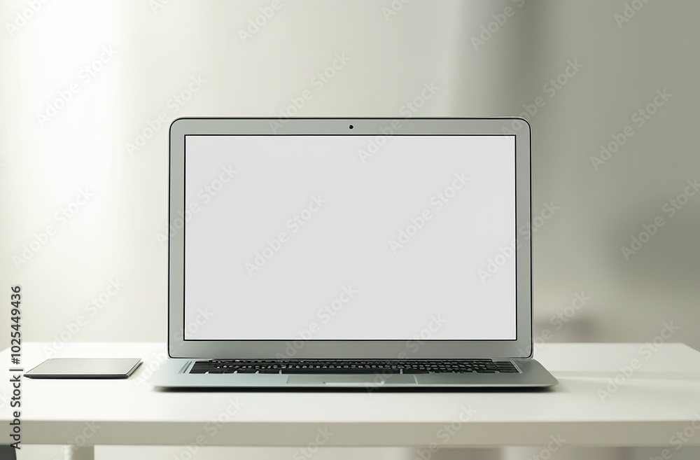 Laptop with Blank White Screen on Work Table with Blurred Background. Made with Generative AI Technology