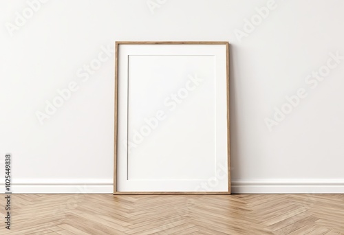 Vertical A4 Wooden Frame on Floor with White Wall Background. Made with Generative AI Technology